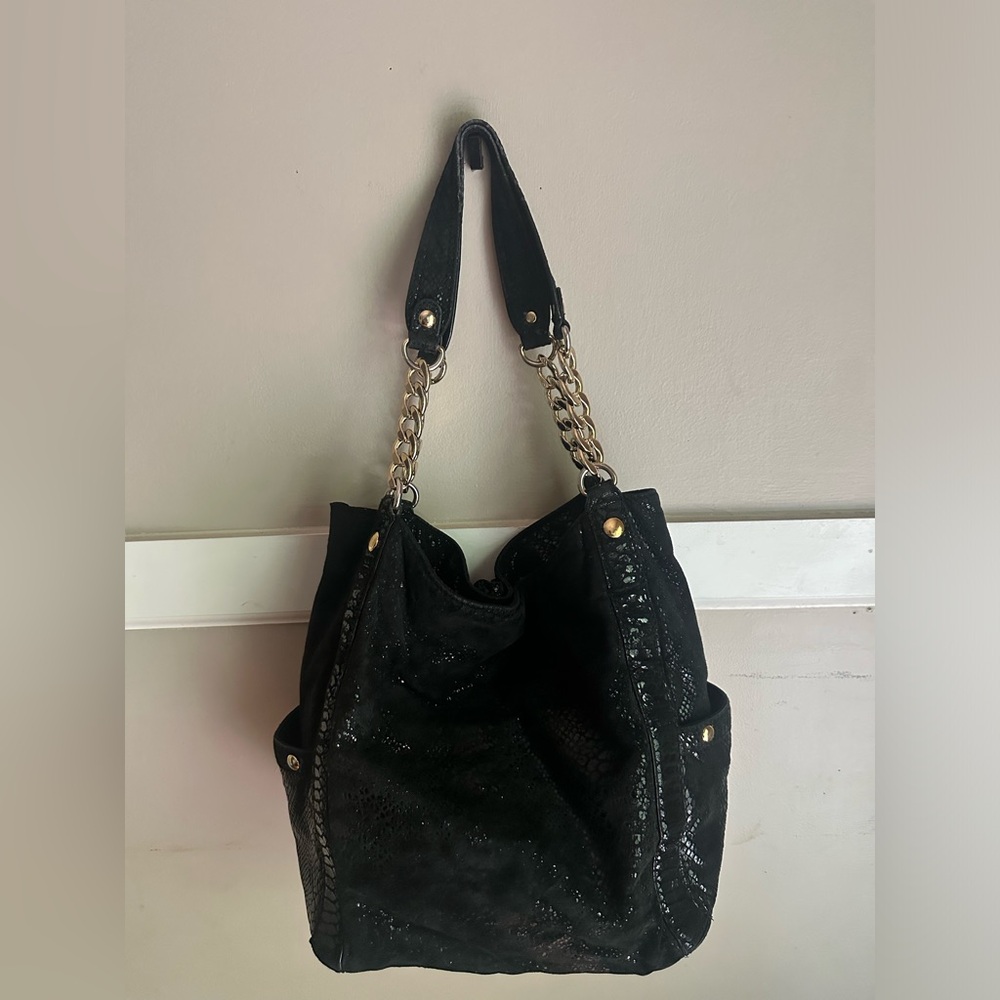 Michael Kors Delancy black snakeskin leather tote bag with gold studded details. - Picture 4 of 5